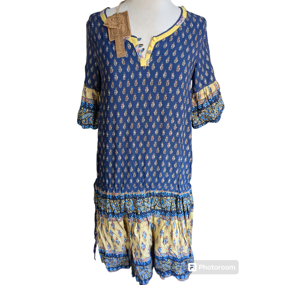 NWT Large Keer Qiaowa blue yellow boho women's dress #14